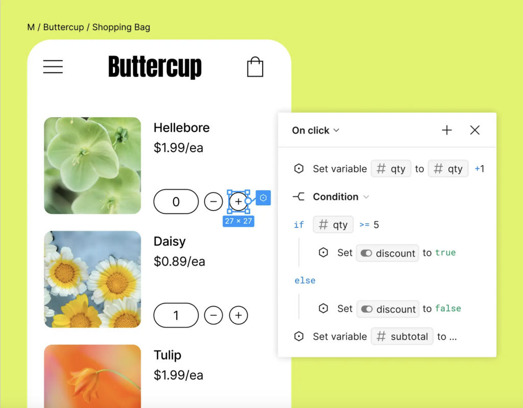 A screenshot from Figma’s Prototyping webpage showing an example of a designer using Figma’s prototyping features. 
